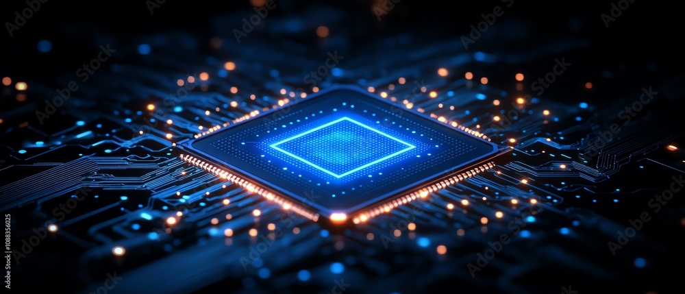 Poster Hightech illuminated blue circuit board with intricate lines and patterns, dark background, futuristic style