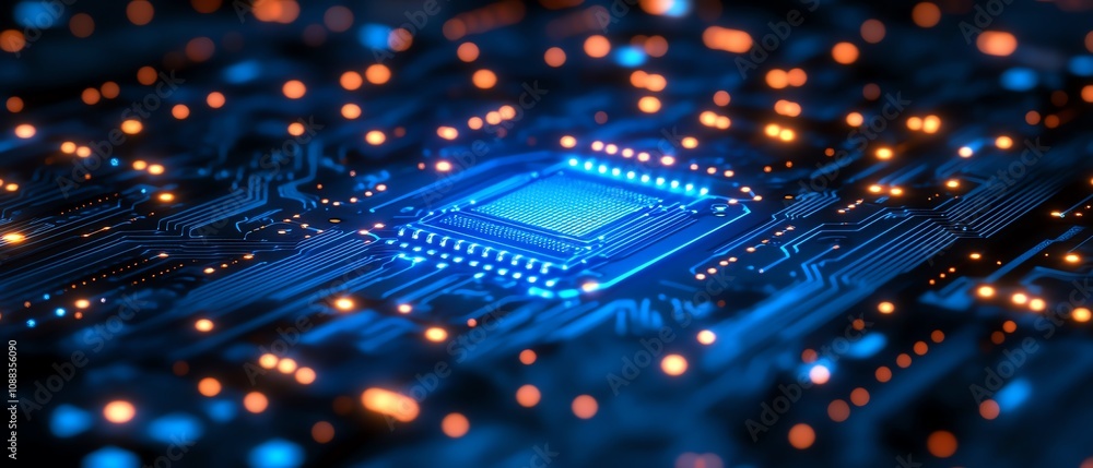 Leinwandbilder Hightech illuminated blue circuit board with intricate lines and patterns, dark background, futuristic style