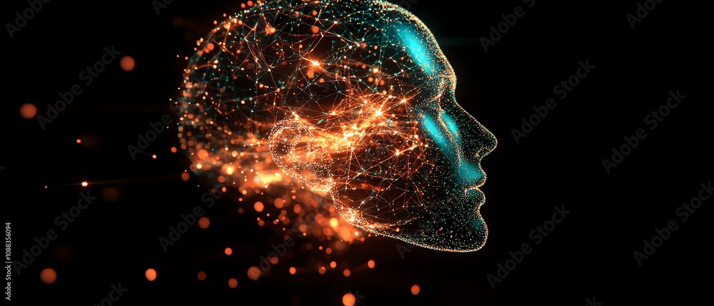 Poster human head outline made of glowing digital network connections, dark background, ai generative desig