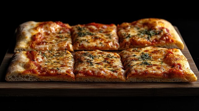Oven-baked rectangular pizza slices topped with melted cheese and herbs, arranged on a wooden board against a dark background.