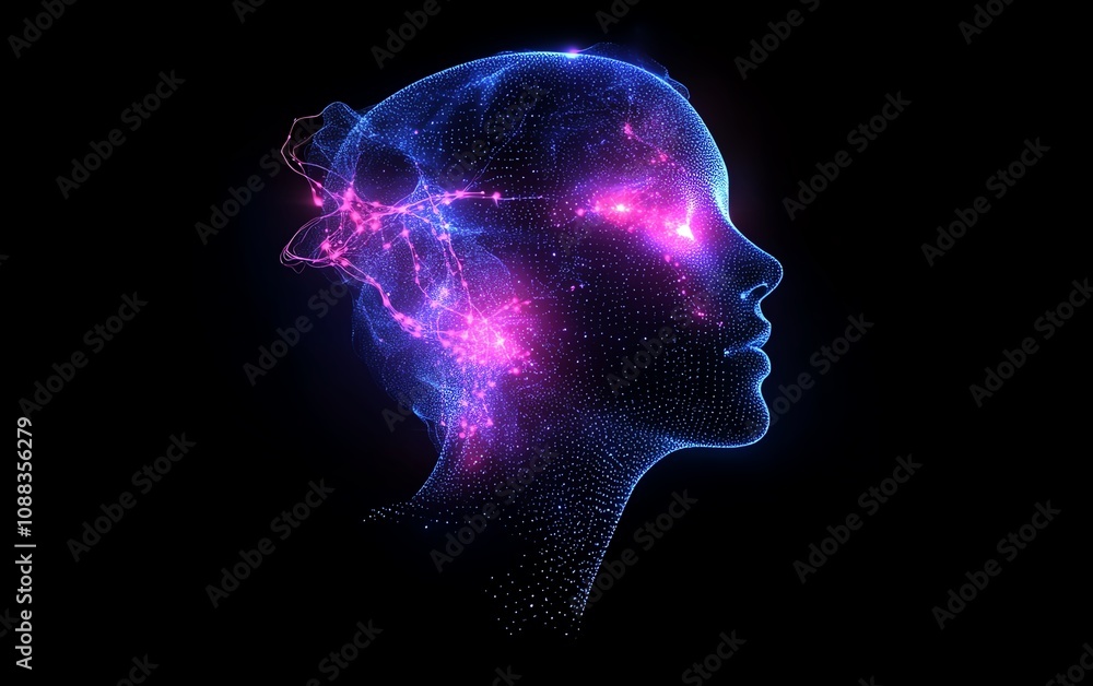 Poster human head silhouette made of glowing data particles, dark background, advanced artificial intellige