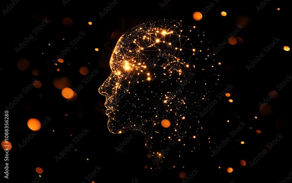 Poster human head silhouette made of glowing data particles, dark background, advanced artificial intellige