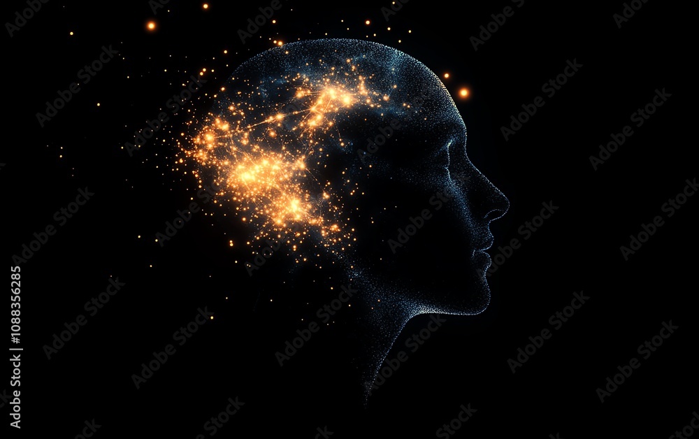 Poster human head silhouette made of glowing data particles, dark background, advanced artificial intellige