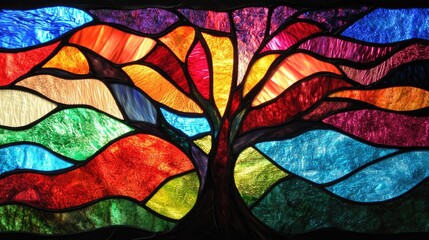 Vibrant stained glass tree design featuring a rich palette of colors with flowing waves of orange, red, green, and blue hues against a dark background.