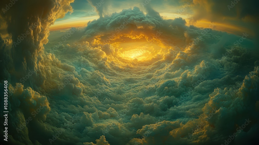 Poster a stunning view of swirling clouds illuminated by a golden light, creating a dramatic and ethereal a