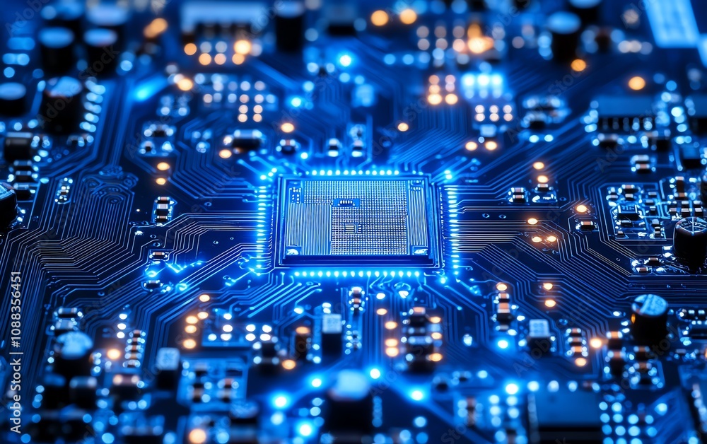 Poster intricate blue circuit board closeup with illuminated lines, dark background, glowing hightech desig