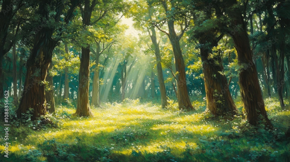 Poster sunlight streams through tall trees, illuminating lush green undergrowth and creating a serene, ethe