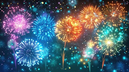 Fototapeta premium Vibrant fireworks create a dazzling display in a dark night sky, featuring bursts of pink, blue, orange, and green lights against a sparkling backdrop.