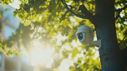 Surveillance camera mounted on a tree in a sunlit park, promoting safety for visitors during evening hours with lush green foliage in the background.