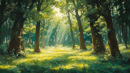 Obraz premium Sunlight streams through tall trees, illuminating lush green undergrowth and creating a serene, ethereal atmosphere in a peaceful forest setting.