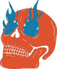Hand drawn illustration of a red skull emitting blue flames