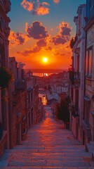 Glowing sunset over a historic city center, white clouds streaked with vivid orange and purple, the warm light reflecting off ancient architecture, 