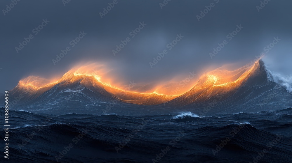 Poster a dramatic scene of glowing waves in a dark ocean, creating a mesmerizing contrast between fire and 