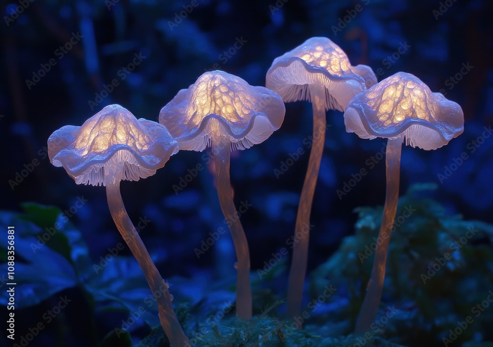 Poster ethereal glowing mushrooms illuminate a dark forest setting, creating a magical atmosphere.