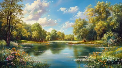 Fototapeta premium Serene spring landscape with a tranquil lake surrounded by lush greenery, vibrant flowers, and a bright blue sky filled with fluffy clouds and sunlight.