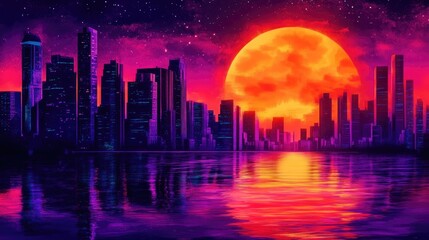 Fototapeta premium Vibrant digital art of a futuristic urban skyline at sunset, showcasing tall skyscrapers reflecting in water with a dramatic, colorful sky.