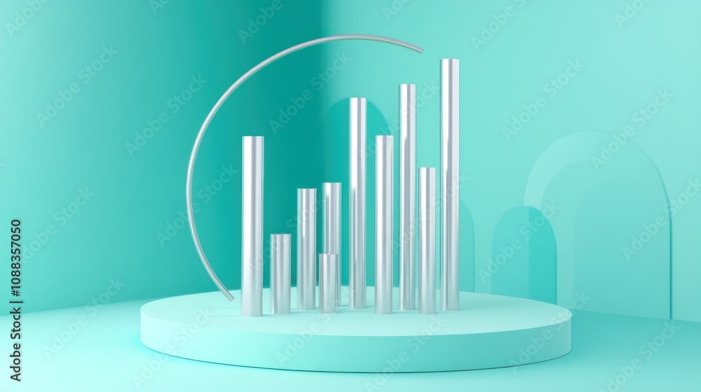 Poster A minimalist 3D display featuring metallic bars and curves on a turquoise platform.