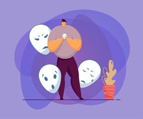 Man holding smiling mask covering emotions. Person standing with mask in hand, hiding his feelings. Angry, surprised, sad masks around man. Changing natural personality, conformity, hypocrisy concept