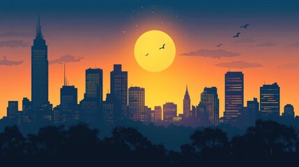 Fototapeta premium Twilight Cityscape Showcasing Silhouetted Skyscrapers Against a Vibrant Sunset with Birds in Flight and a Golden Sun on the Horizon