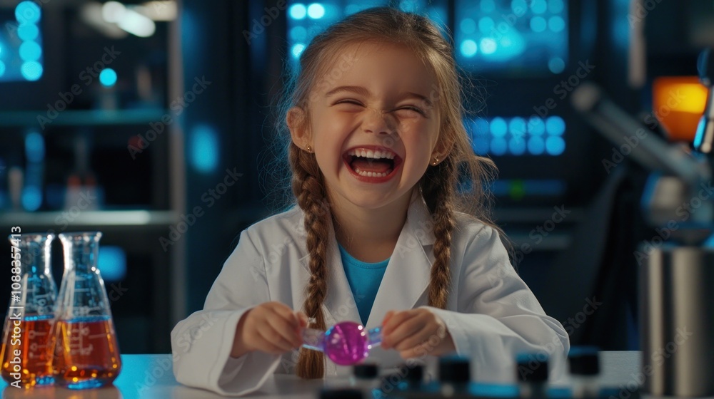 Poster A joyful child in a lab coat experiments with colorful liquids in a science lab.