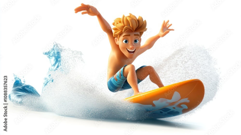 Poster a cheerful animated character surfing on a wave, showcasing fun and adventure.