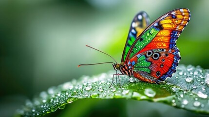 Obraz premium Colorful Butterfly Resting on Dewy Green Leaf with Morning Droplets Showcasing Nature's Beauty and Serenity in a Tranquil Setting