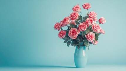 Obraz premium Elegant pink rose bouquet in a light blue vase, set against a soft blue backdrop, ideal for celebrations and special occasions.