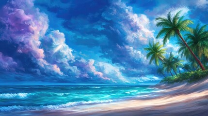 Tranquil tropical beach scene with soft white sand, lush palm trees, and vibrant turquoise ocean under a picturesque blue sky filled with clouds.