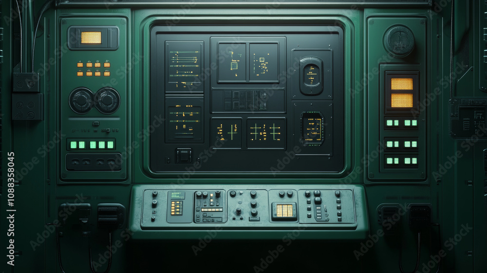 Poster a futuristic control panel and menu, shown on a dark green screen. it's designed for animation and i
