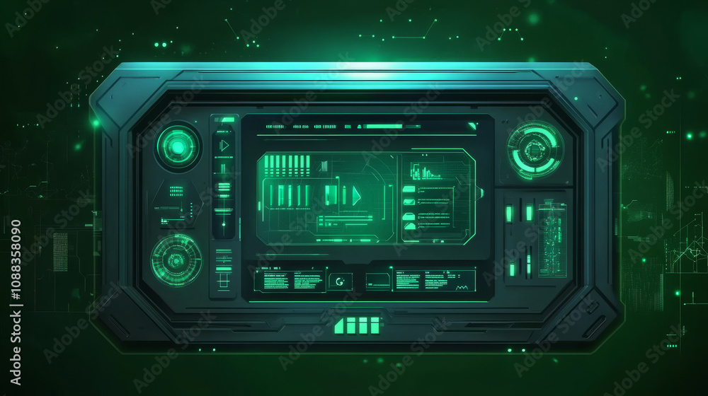Poster a futuristic control panel and menu, shown on a dark green screen. it's designed for animation and i