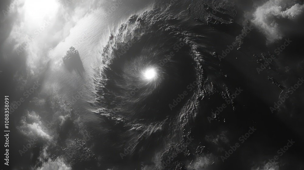 Poster a swirling, monochromatic vortex of clouds and light, creating a dramatic and ethereal atmosphere.