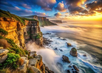 Enchanting Misty Cliffs Along the Serene Coastline at Sunrise - Nature's Tranquility Unveiled