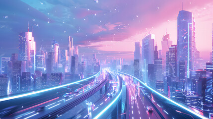 Obraz premium Futuristic pastel blue and pink city with a highway and skyscrapers, Futuristic aesthetic modern cityscape, Buildings and a road in the future, a 3d render of a smart city
