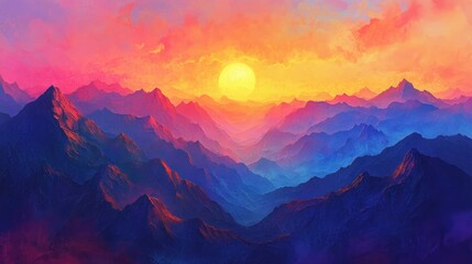 Obraz premium Vibrant sunset casting warm hues over layered mountain ridges, highlighting the beauty of nature with a colorful sky and serene landscapes