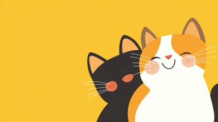 Obraz premium Two happy cats with closed eyes against a bright yellow background, perfect for adding your own text or creative designs.