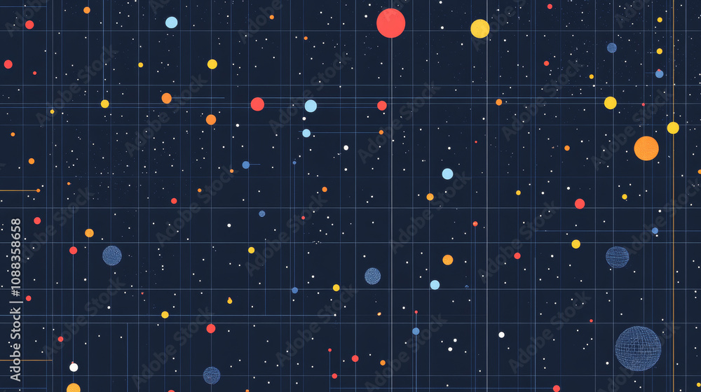 Poster a dark blue, grid-patterned background with dots and a circle. it's a design for science, ai, and te