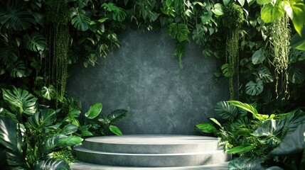 One-eyed podium framed by dense greenery with lush foliage, creating a serene and vibrant nature backdrop for presentations or events