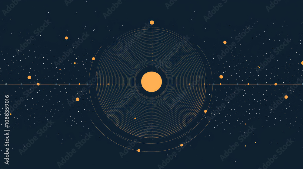 Poster a dark blue background with a grid, dots, and a circle. it's a design for science, ai, and technolog