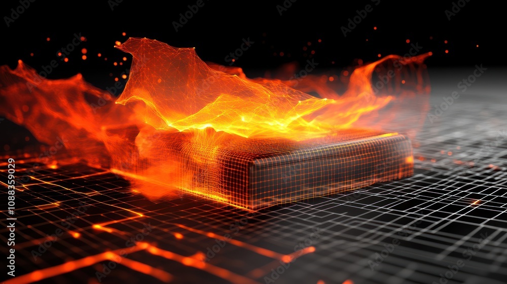 Poster A digital representation of a glowing, fiery object on a grid background.