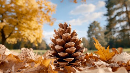 Pine Cone Among Colorful Autumn Leaves