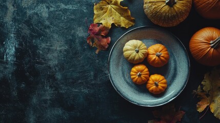 Fototapeta premium Thanksgiving card mockup with assorted pumpkins on a textured dark table, featuring leaves and a plate arranged from a top-down view.