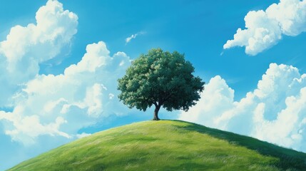 Obraz premium Solitary tree stands proudly on a lush green hill beneath a vibrant blue sky adorned with fluffy white clouds.