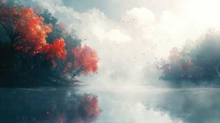 Mist-shrouded lake surrounded by vibrant autumn trees, creating a serene and enchanting landscape with a tranquil atmosphere.