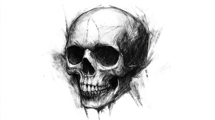 Obraz premium Detailed black and white tattoo design showcasing a highly stylized skull sketch with intricate shading and sharp features.
