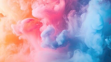 Fototapeta premium Vibrant abstract fluid art showcasing a dynamic blend of swirling pink, orange, and blue inks creating a mesmerizing cloud-like effect.