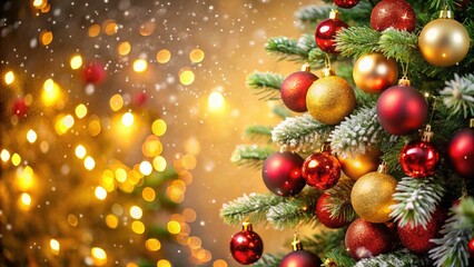 Festive Christmas Tree with Red and Gold Ornaments in a Winter Wonderland Setting, Perfect for Holiday Celebrations and Seasonal Decorations