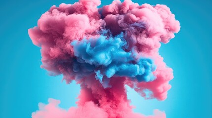 Fototapeta premium Vibrant abstract smoke clouds blend blue and pink hues, forming a visually striking backdrop against a bright turquoise background.
