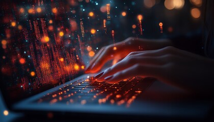 Closeup of backlit female hands typing on notebook keyboard with glowing business chart and AI binary code nodes