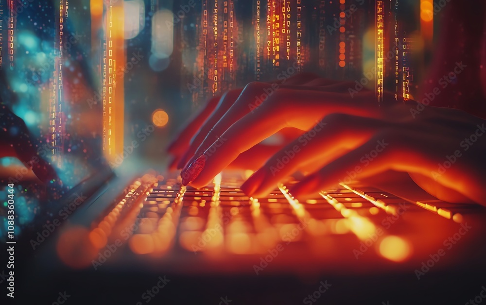 Poster Closeup of backlit female hands using notebook keyboard, glowing business chart, and AI binary code nodes, blurry background, virtual marketing and finance concept, double exposure