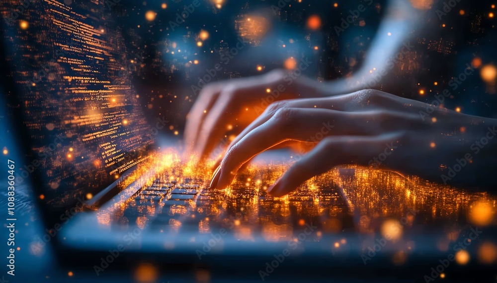 Fototapete Closeup of backlit female hands on notebook keyboard, glowing business chart, and AI binary code nodes, blurry background, financial growth, and marketing concept, double exposure